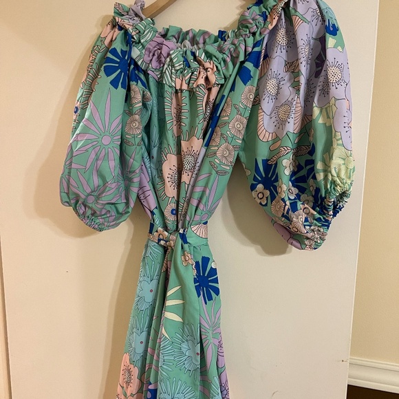 Anthropologie Off the Shoulder Printed Floral Green Motif Dress - Picture 3 of 4